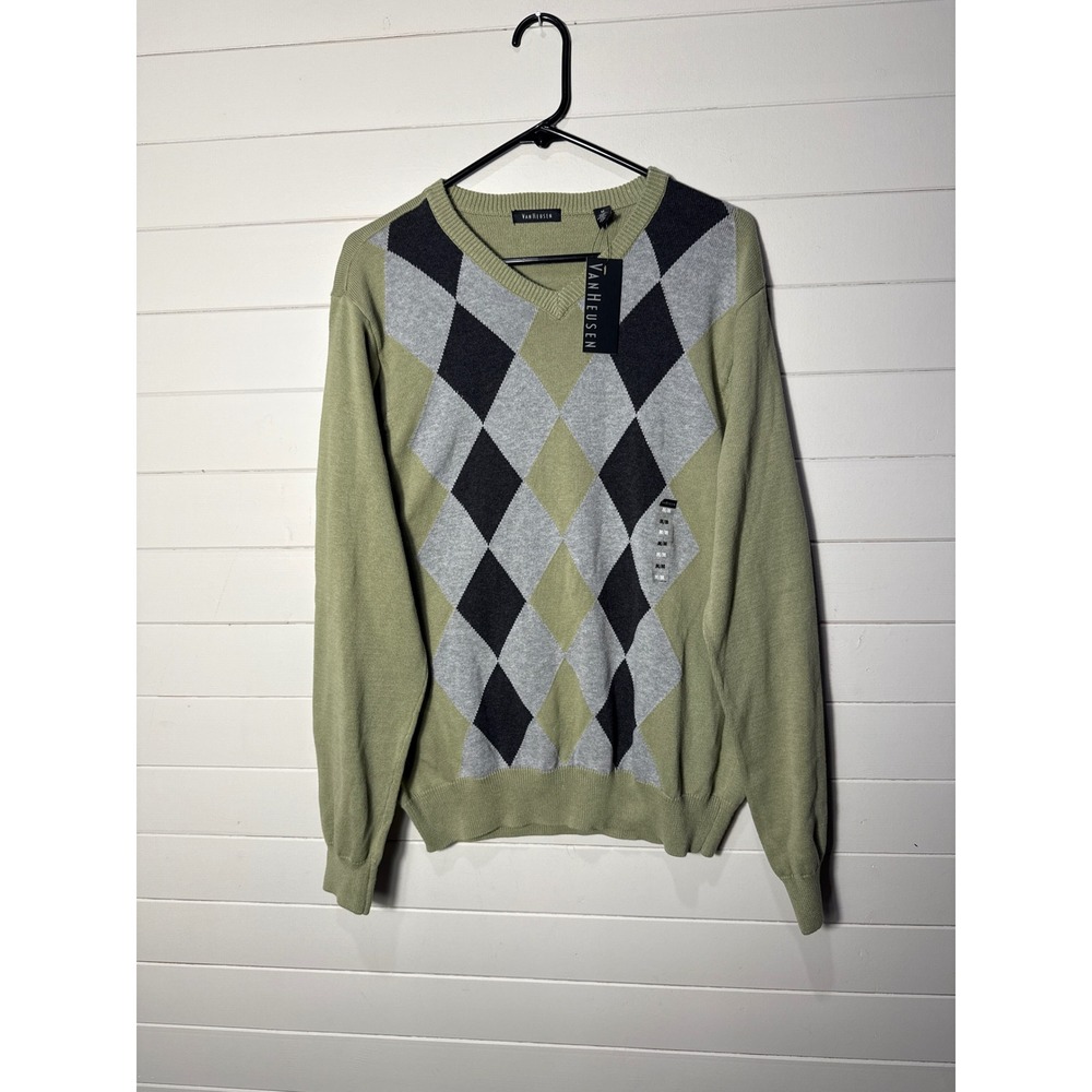 Van Heusen Mens Argyle V-Neck Cotton Sweater Green Grey‎ Black NWT Size Medium